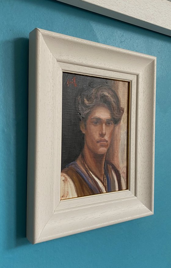 Impressionist style Male portrait oil painting, with wooden frame.