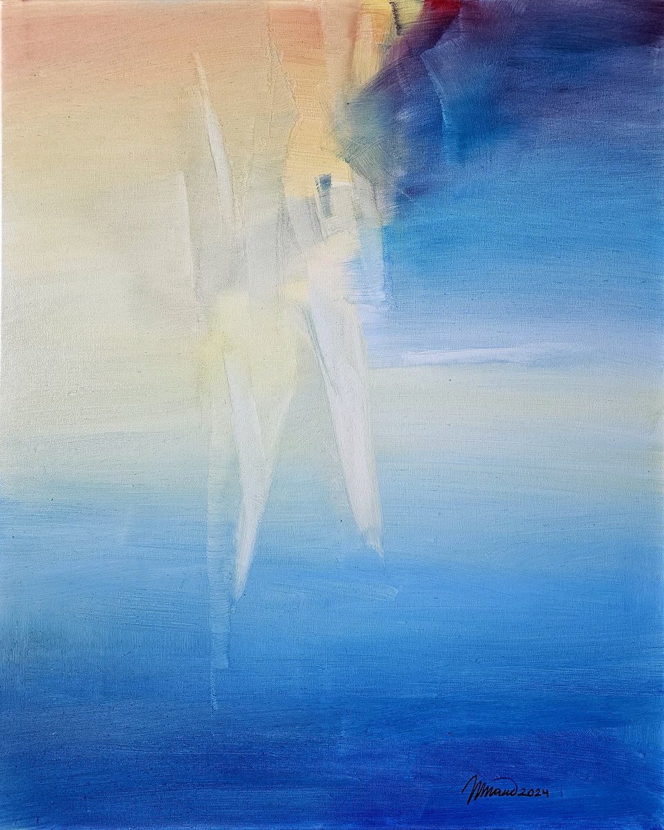 Abstract Oil Painting By Taidakov Nikolai, 31 X 39", Golden City Above The Blue Sky, Original Artwork