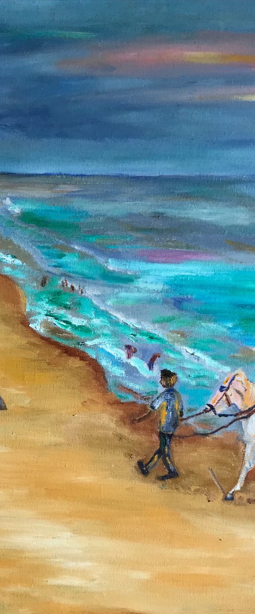 Puri beach 1, India, oil painting, Impressionistic, gift, ready to hang, small, framed by Geeta Yerra