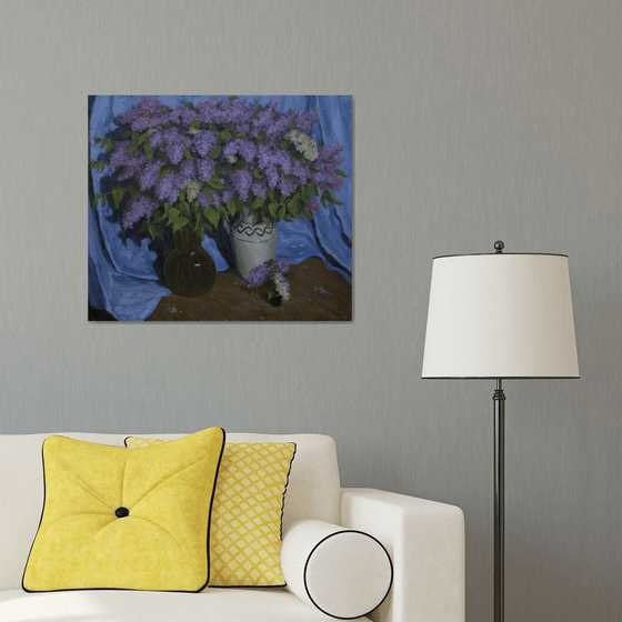 The Still Life With Lilacs And The Blue Curtain - Lilacs painting