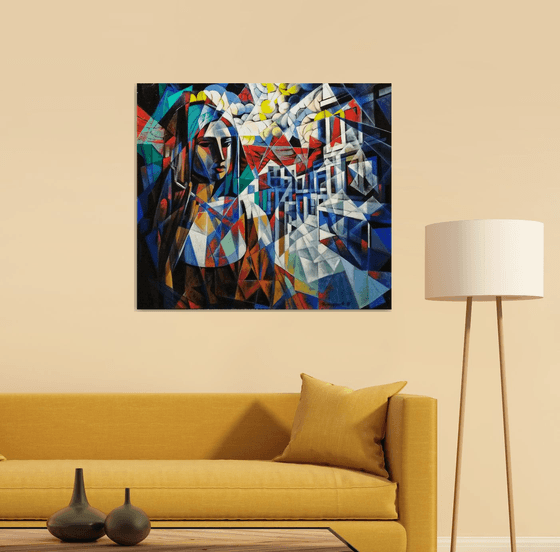 Waiting (90x80cm, cubism, oil painting, ready to hang)