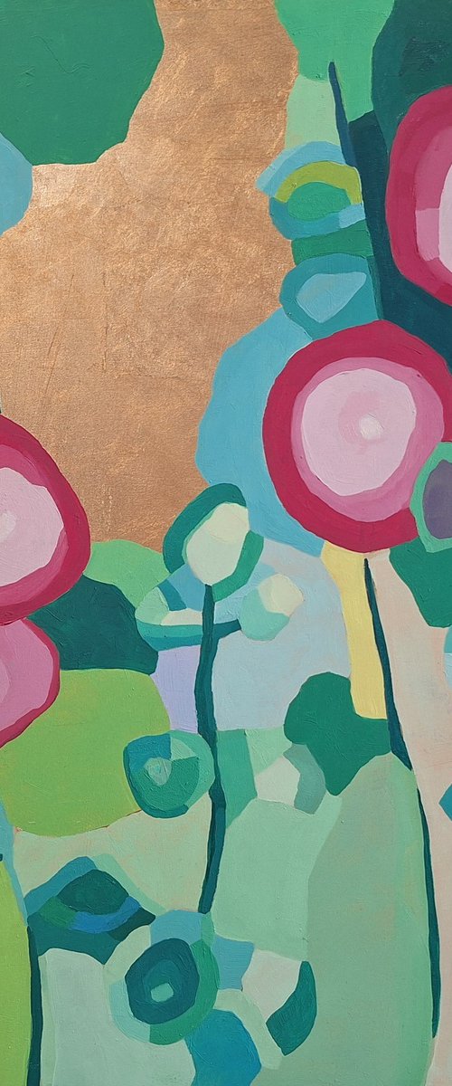 Hollyhocks II by Prudence Horne