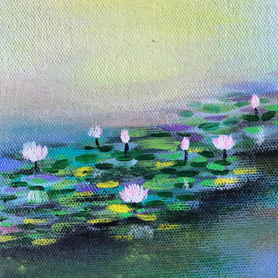 Another Water Lily Affair !! Abstract !! Small Painting !! Lily Pond !! mixed media painting !!