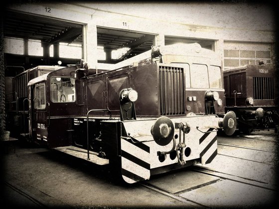 Old steam trains in the depot - print on canvas 60x80x4cm - 08407m1