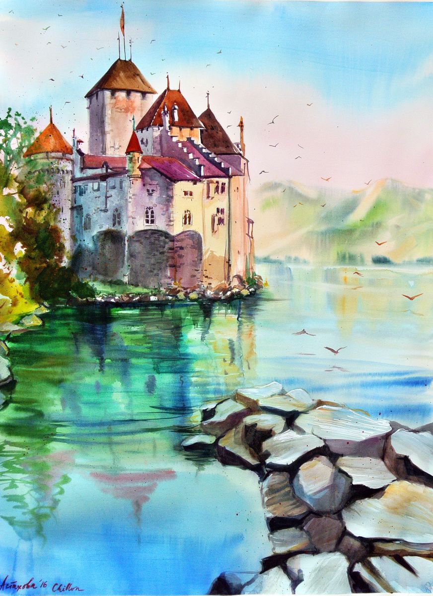 Impressionistic Landscape Watercolour By Ksenia Astakhova, 22 X 30", Chi?teau De Chillon, Original Artwork