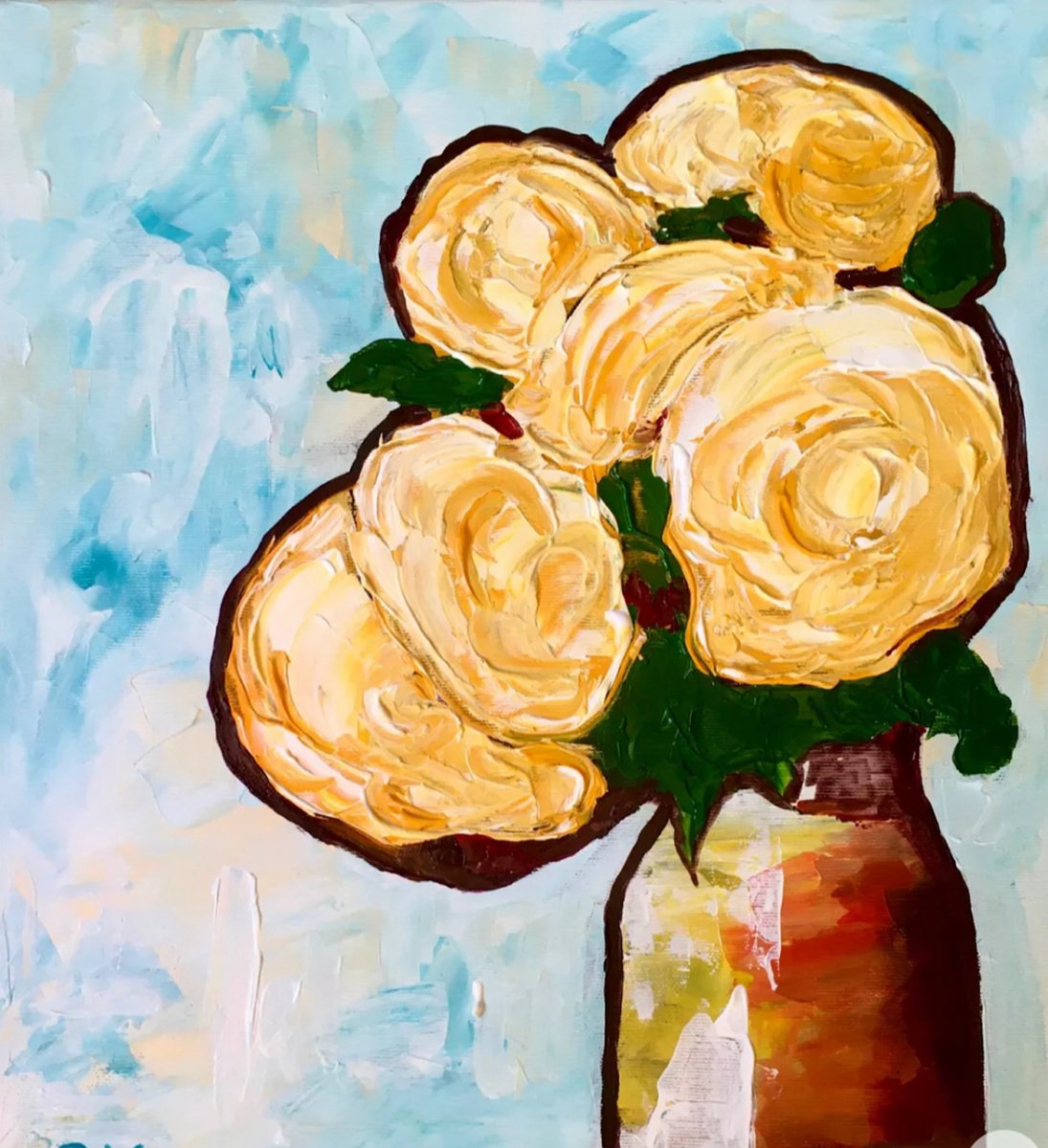 Impressionistic Botanical Acrylic Painting By Olga Koval, 14 X 16", Bouquet Of Yellow Roses #10, Original Artwork