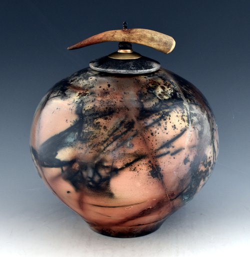 Sagger fired stoneware vessel urn B248 by Ron Mello