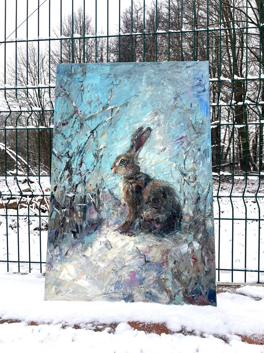 Expressive Animal Oil Painting By Liubou Sas, 24 X 35", Hare In The Snow, Original Artwork