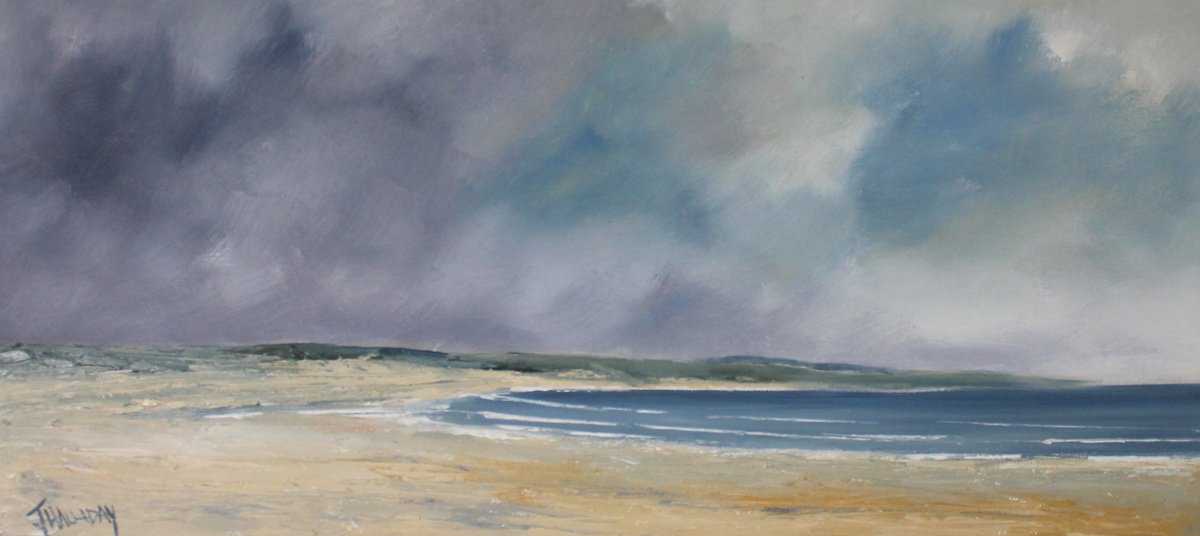 Impressionistic Landscape Oil Painting By John Halliday, 22 X 10, Rain Clouds Over Dundrum Bay, Original Artwork