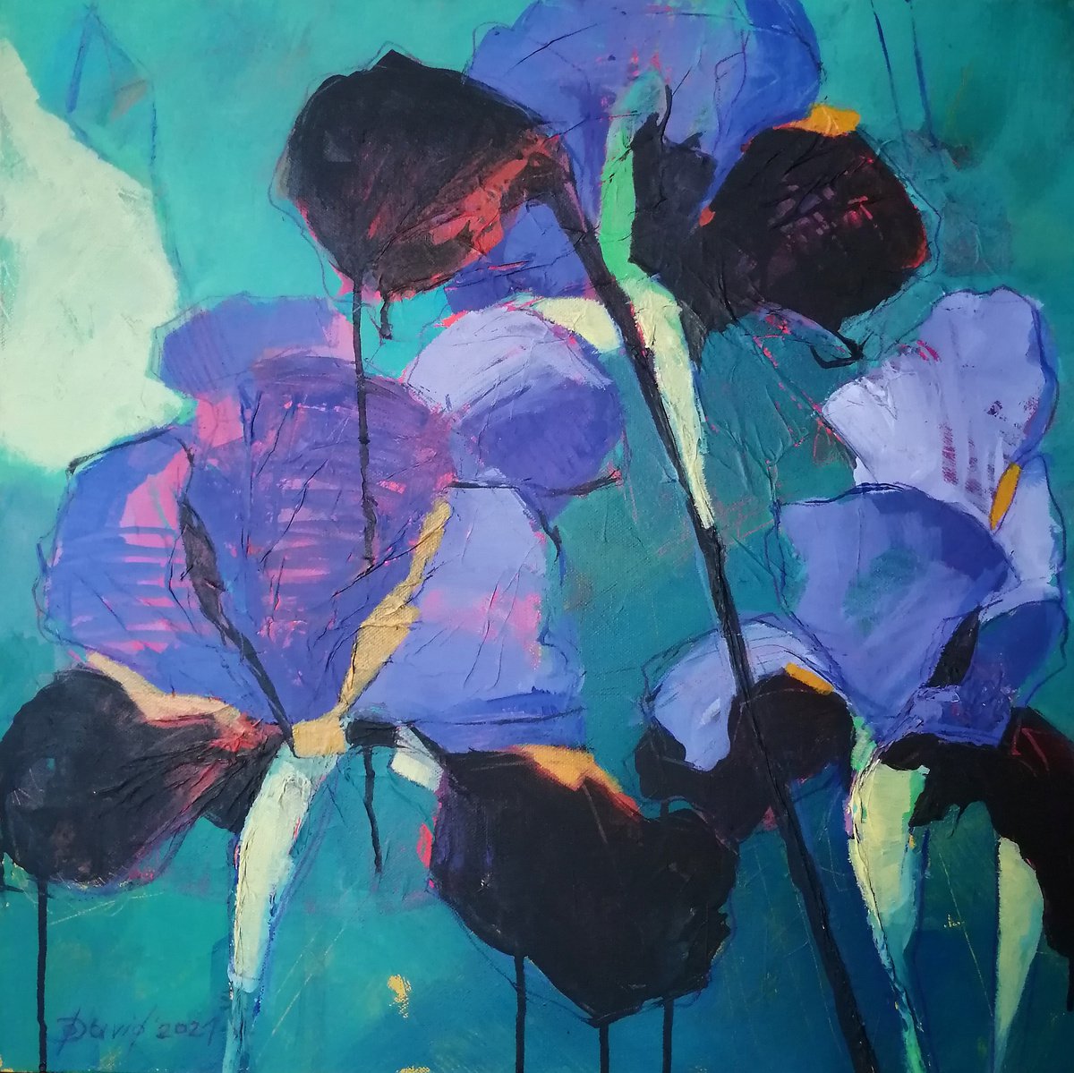 Impressionistic Botanical Acrylic Painting By Olga David, 20 X 20", Irises Blue With Violet Flower, Original Artwork