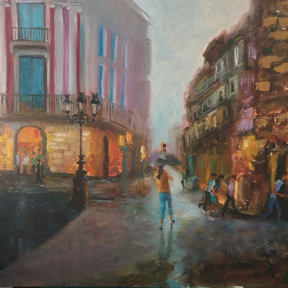Rainy day at the city, Cityscape oil painting