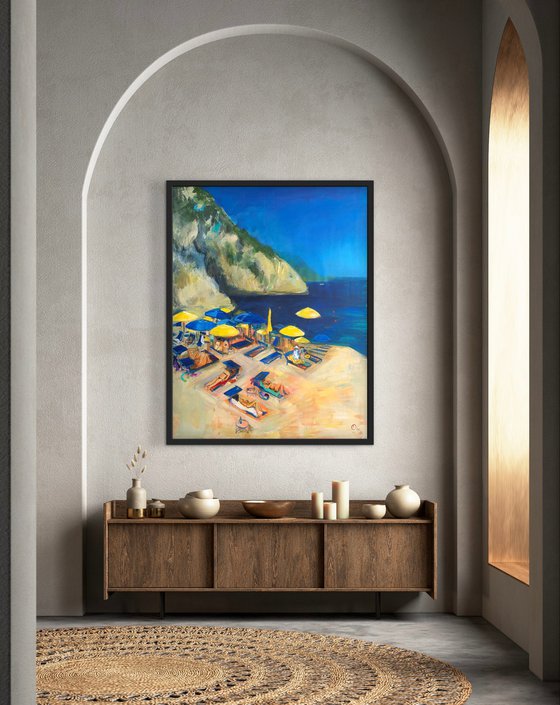 Umbrellas in the Sun in the Blue Bay