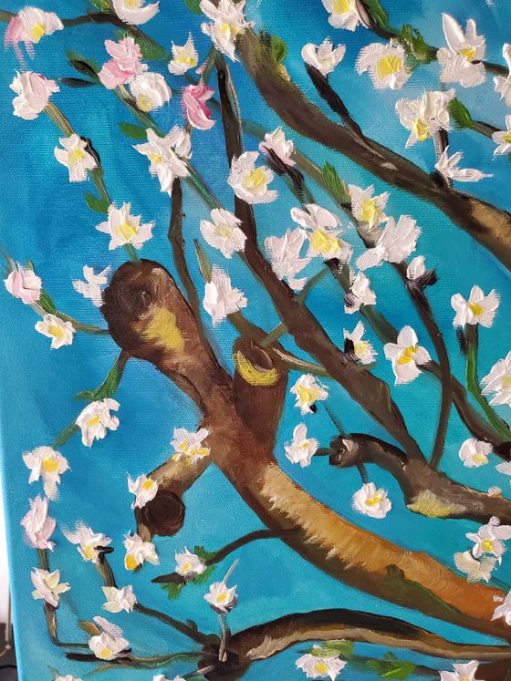 Almond blossom on turquoise inspired by Vincent Van Gogh oil painting ready to hang