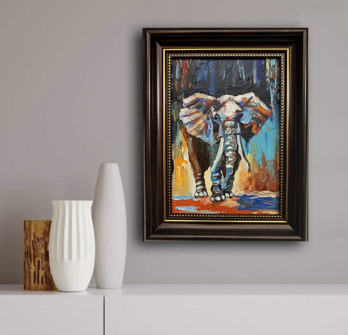 Impressionistic Animal Oil Painting By Vita Schagen, 7 X 9", Elephant. S. Framed., Original Artwork