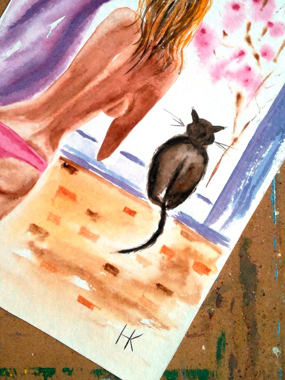 Quarantine Painting Original Watercolor Artwork Woman and Cat Isolation Small Wall Decor