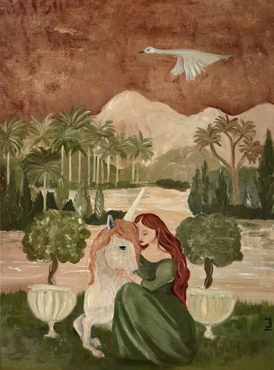 Expressive Oil Painting , Medieval Fantasy Tropical Garden Unicorn By Daniela Nocito, 21 X 29, Artwork For Sale On Artfinder