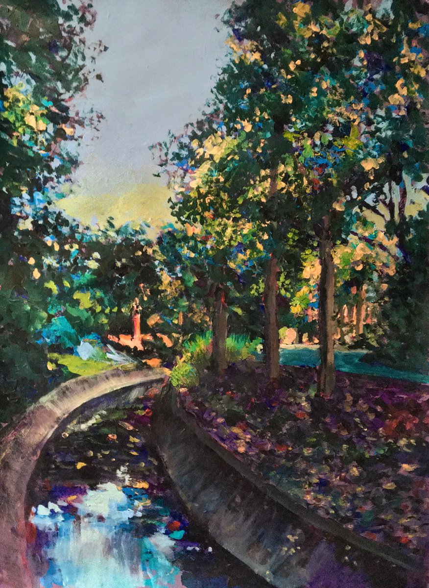 Impressionistic Landscape Acrylic Painting By John Cottee, 22 X 30, Canal Leaves Sunlight, Original Artwork