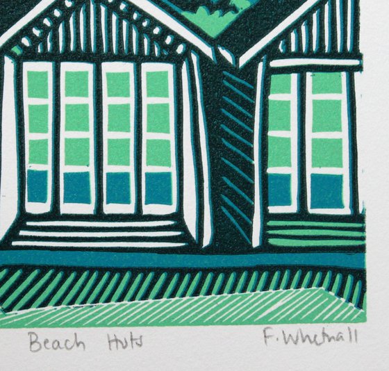 Beach Huts, signed original linocut print, Artist's Proof