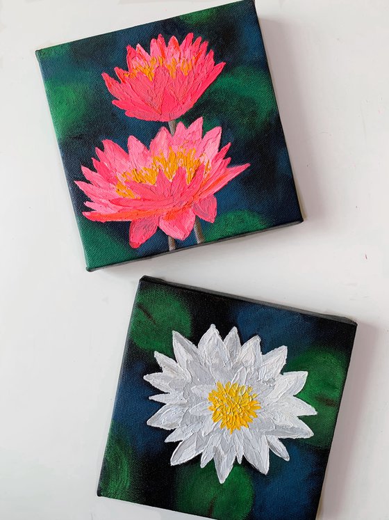 White water lily ! Small Impasto Painting!!  Ready to hang