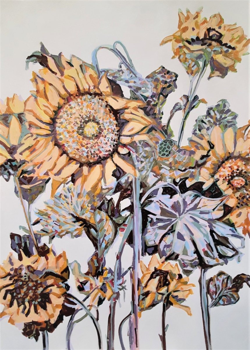Abstract Botanical Acrylic Painting By Alexandra Djokic, 28 X 39, Sunflowers, Original Artwork