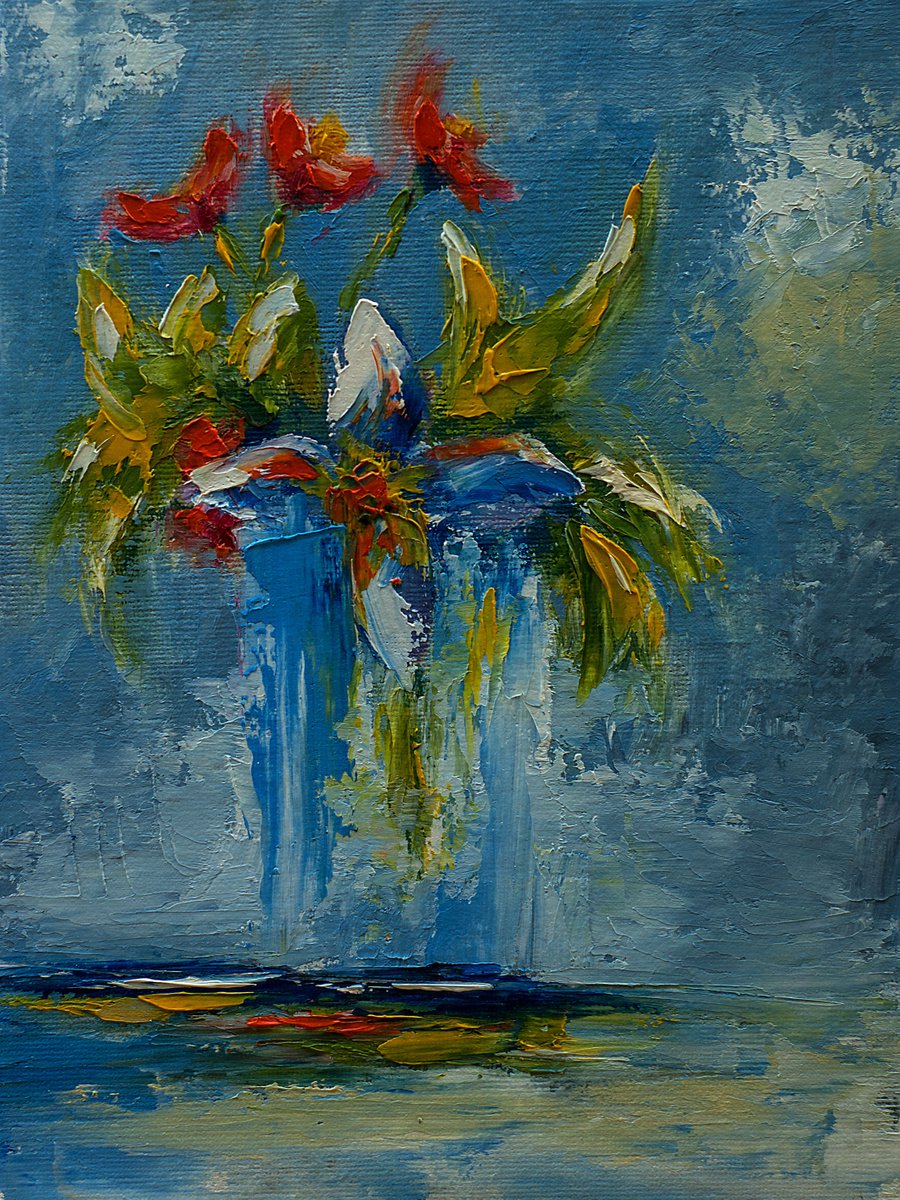 Abstract still life painting. Small oil painting with flowers for gift by Marinko S?aric