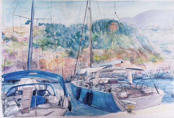 Watercolor boats painting