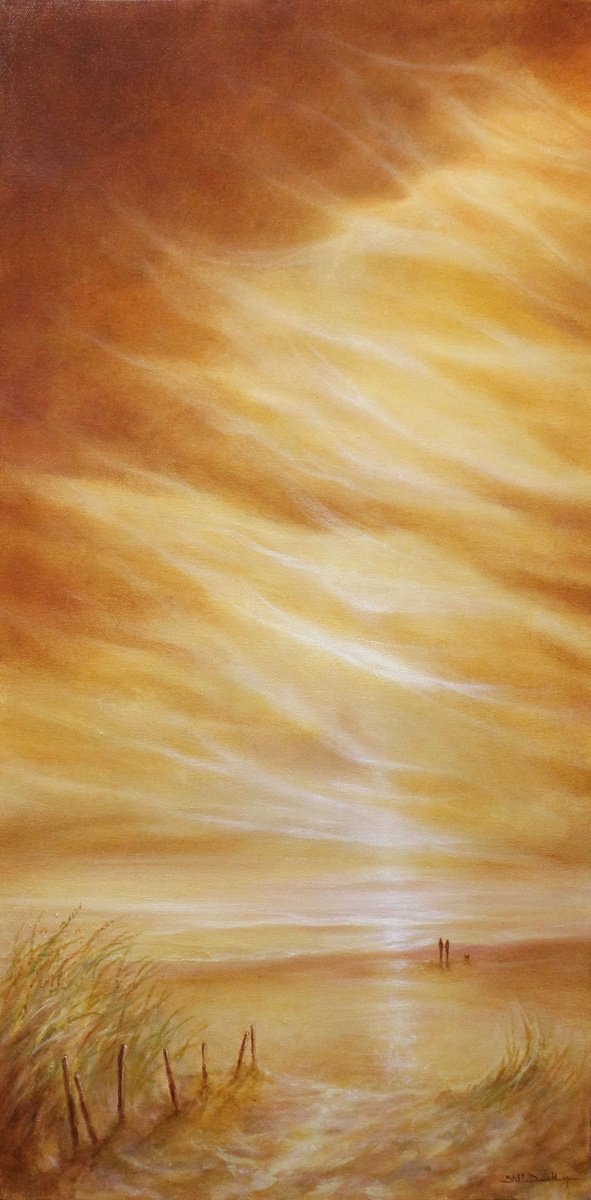 Impressionistic Landscape Oil Painting By Stella Dunkley, 16 X 31", Coastal Walk Iii, Original Artwork