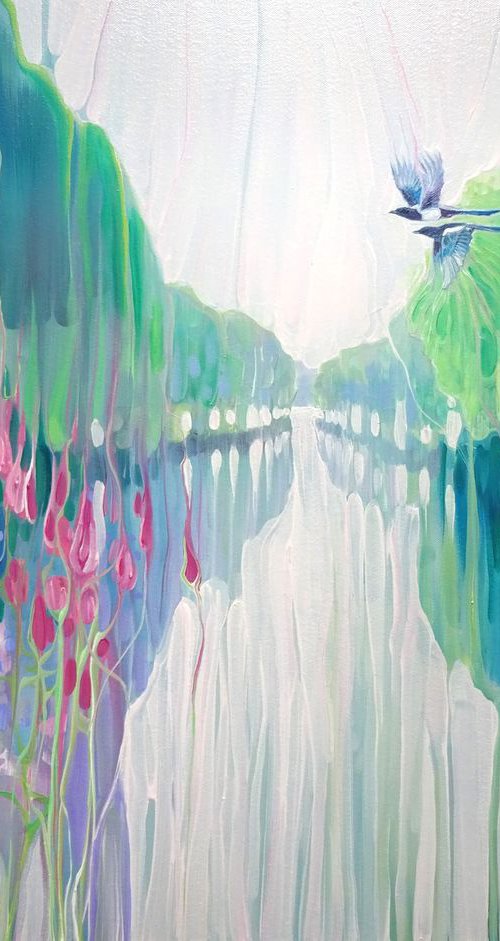 Sussex River oil painting of riverbank and magpies by Gill Bustamante