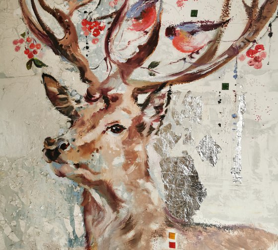 Original Deer Art, Silver Leaf Painting
