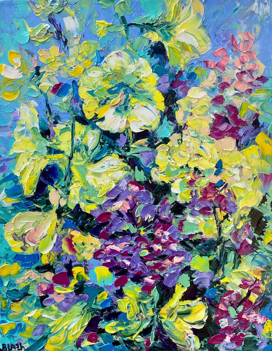 Mallow and phlox - Sunny joy, 35*45cm, impressionistic flowers oil painting in yellow and violet, purple, sunny mood