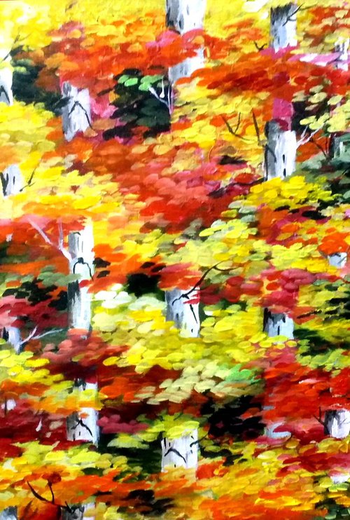 Beauty of Autumn Forest II - Acrylic on Canvas Painting by Samiran Sarkar