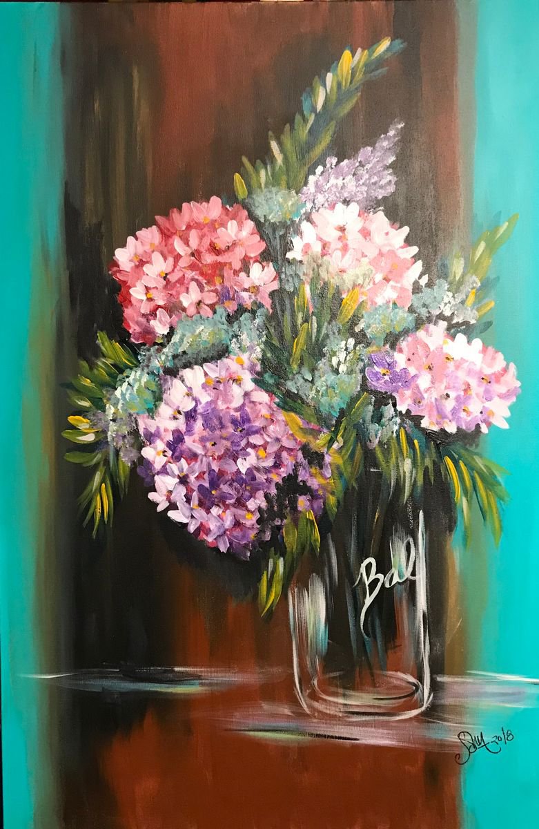 Impressionistic Botanical Acrylic Painting By Carolyn Shoemaker (Soma), 24 X 36, Hydrangeas, Original Artwork