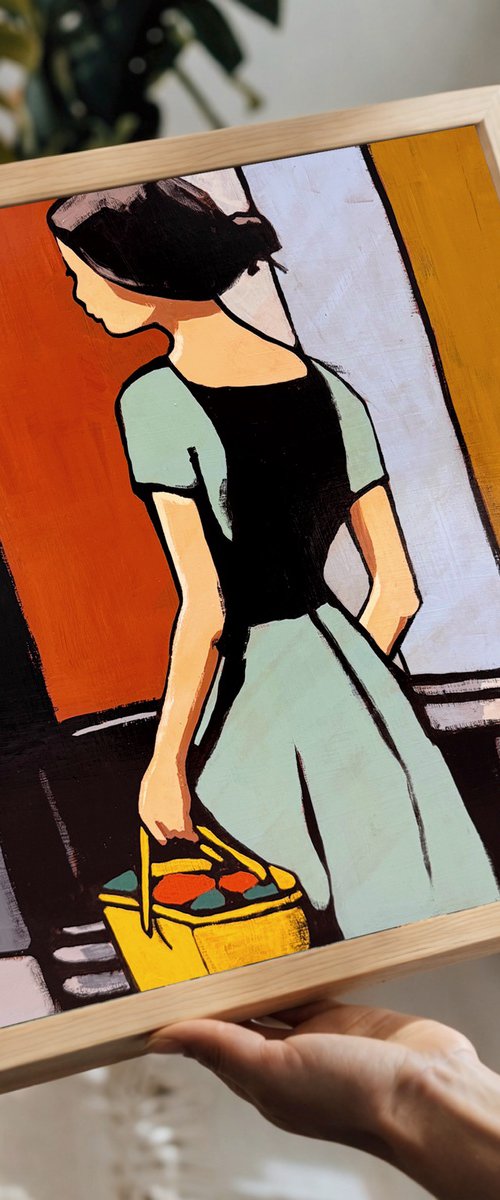 "Woman with Yellow Bag" Original art 16x16in by Daria Baklykova