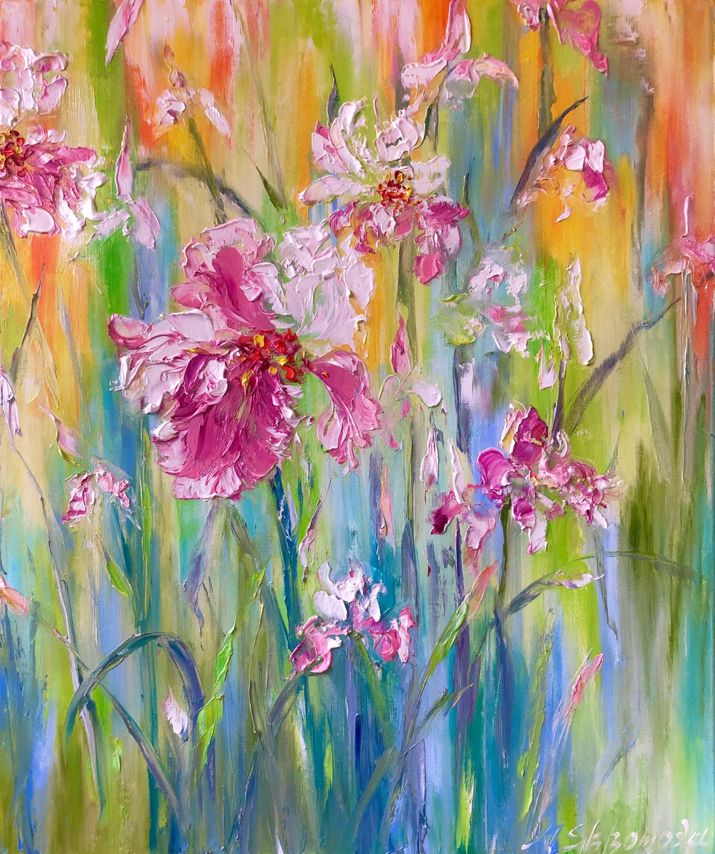 TENDERNESS - Optimistic. Delicate irises. Botanical composition. Pink bud. Abstract flower... by Marina Skromova