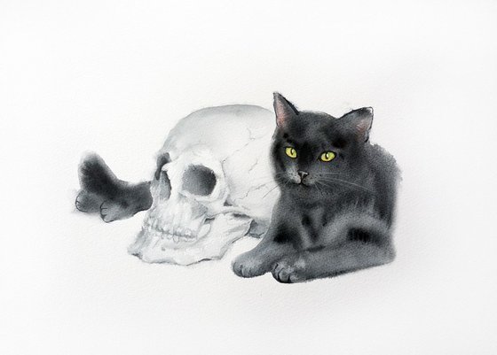 Black Cat and a Skull -  Halloween Art
