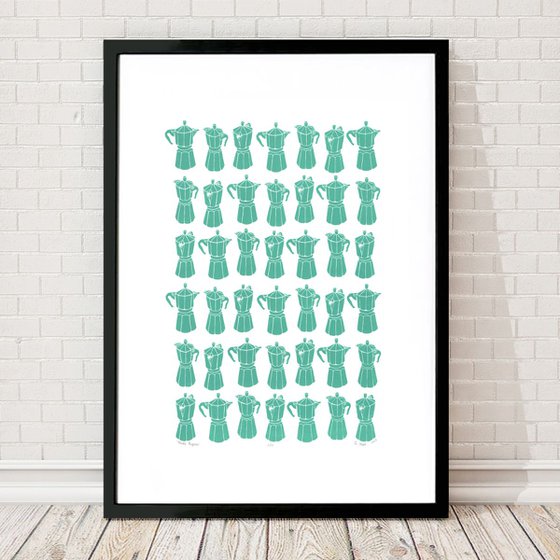 Moka Express Coffeemaker Print in Sea Green A2 Size - Unframed - FREE Worldwide Delivery