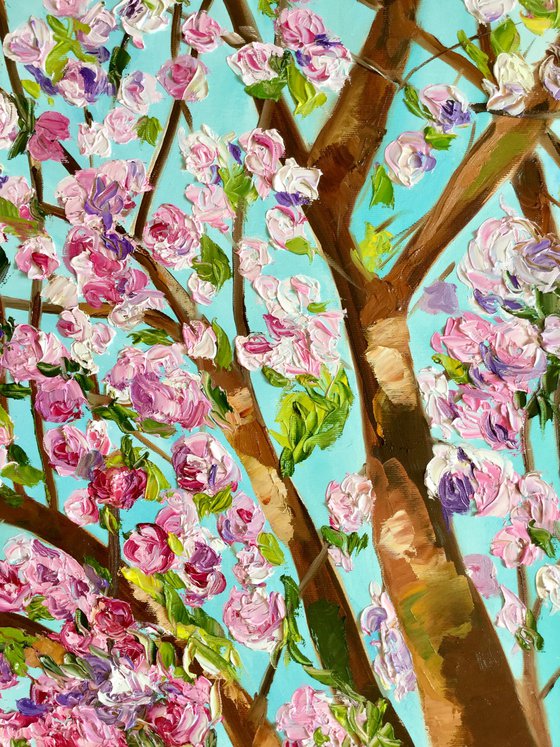 Apple blossom , spring in London pink, white, turquoise 61x71cm ready to hang oil painting