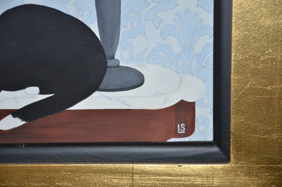Tuxedo Cat Before Damask with Stained Glass Lamp a/k/a "Tux"