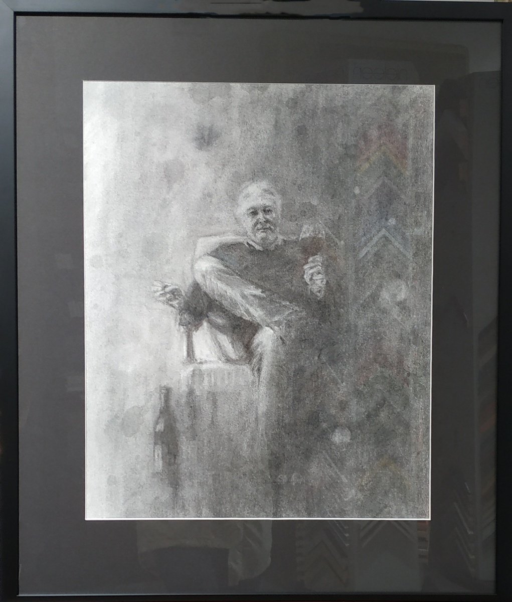 Expressive Portrait Charcoal Drawing By Sbboursot, 23 X 28", Guy With Wine, Original Artwork