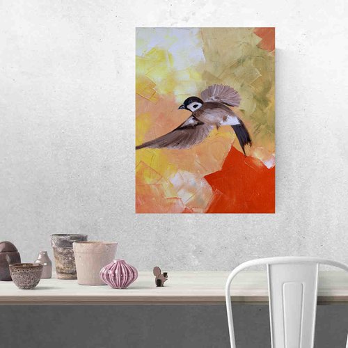 "Orange la la mood" oil painting on paper / sparrow bird / bird in flight by Olha Gitman