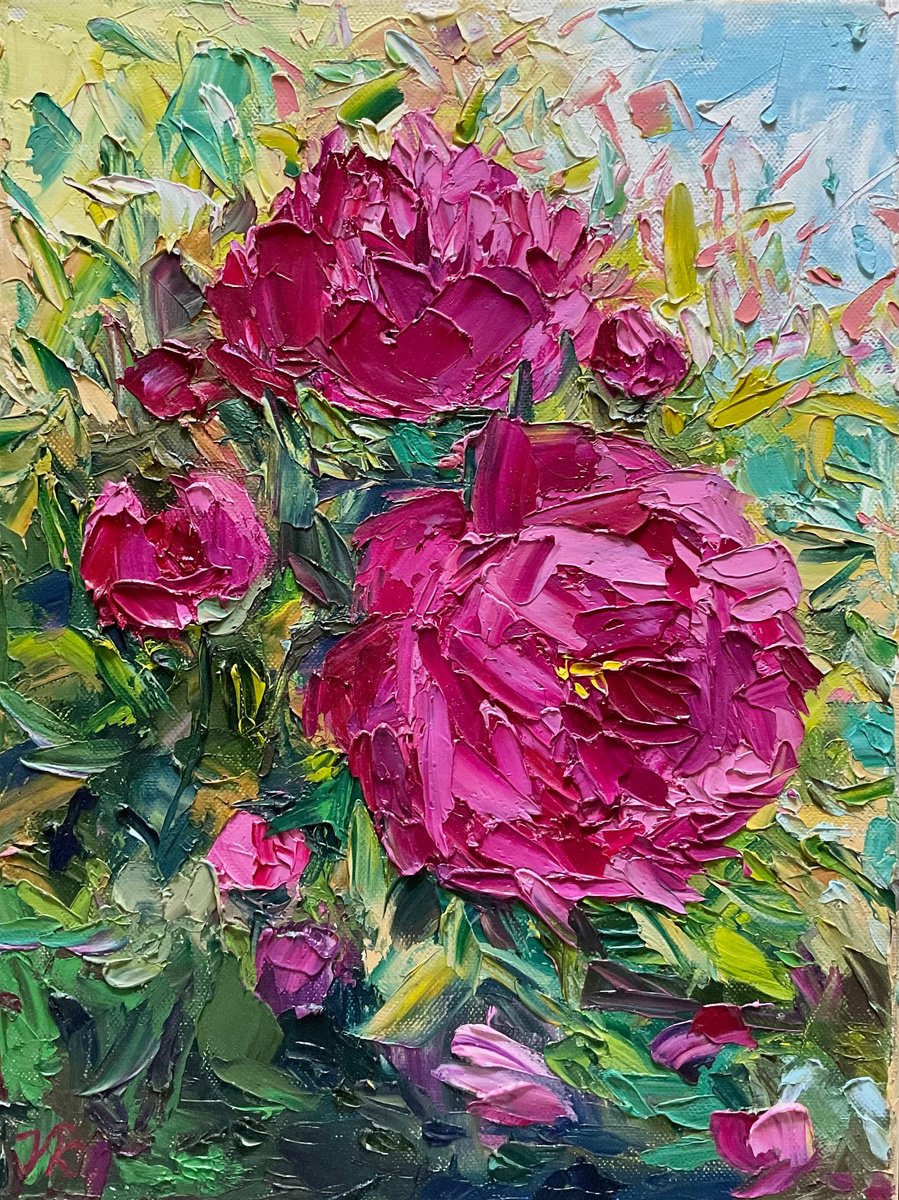 Impressionistic Botanical Oil Painting By Vera Klimova, 12 X 16", Passionate Peony, Original Artwork