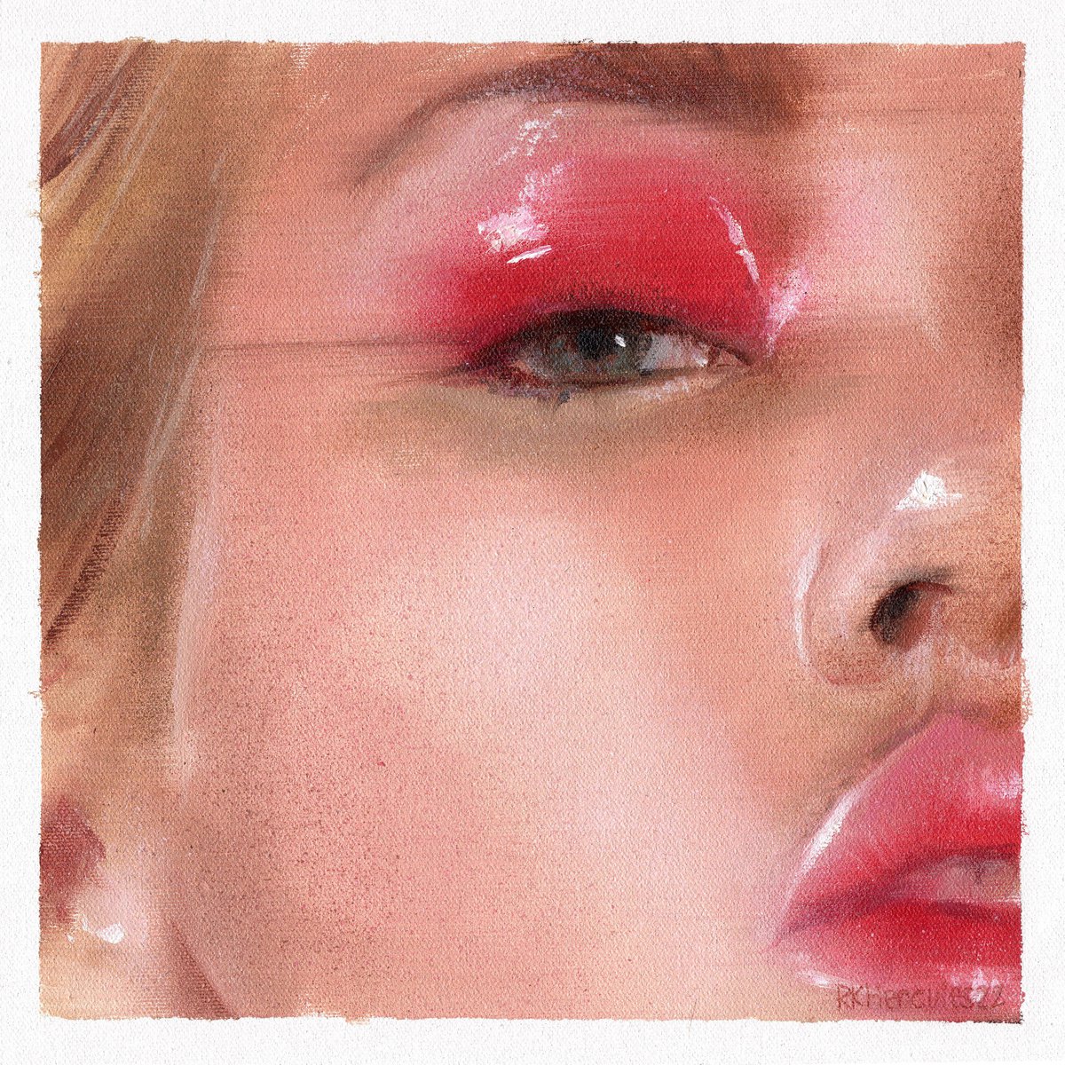 Emma - beauty oil painting of pretty blonde women female on canvas with bright pink lipsti... by Renske Karlien Hercules