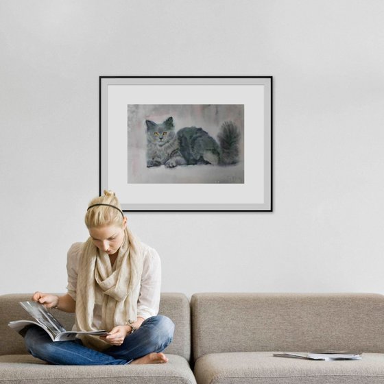 gray cat, original watercolor 50x70 cm