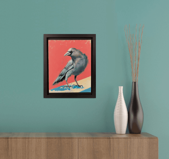 Crow black bird on pink. Original Oil Painting.