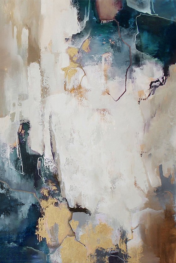 "Breeze" Abstract teal gold gray acrylic art
