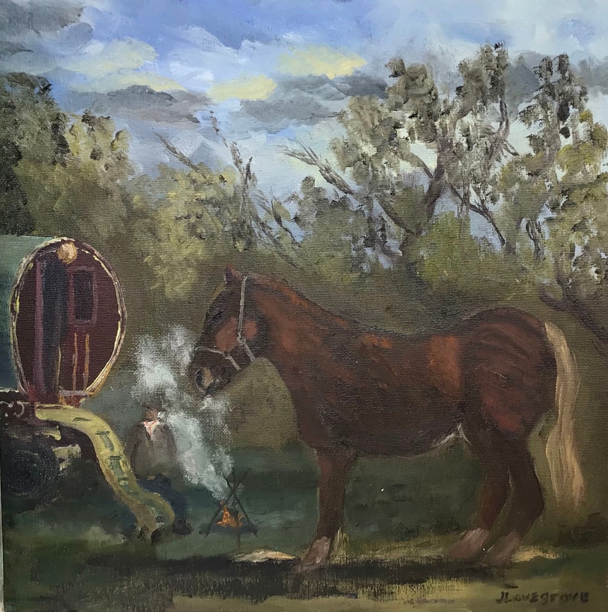 A Suffolk Punch Horse with gypsy wagon. An oil painting. by Julian Lovegrove Art