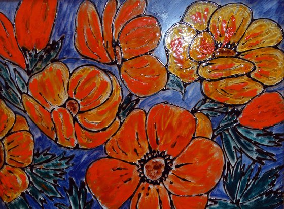 Poppy Painting Floral Original Art Flowers Small Acrylic Artwork 18 by 14" by Halyna Kirichenko