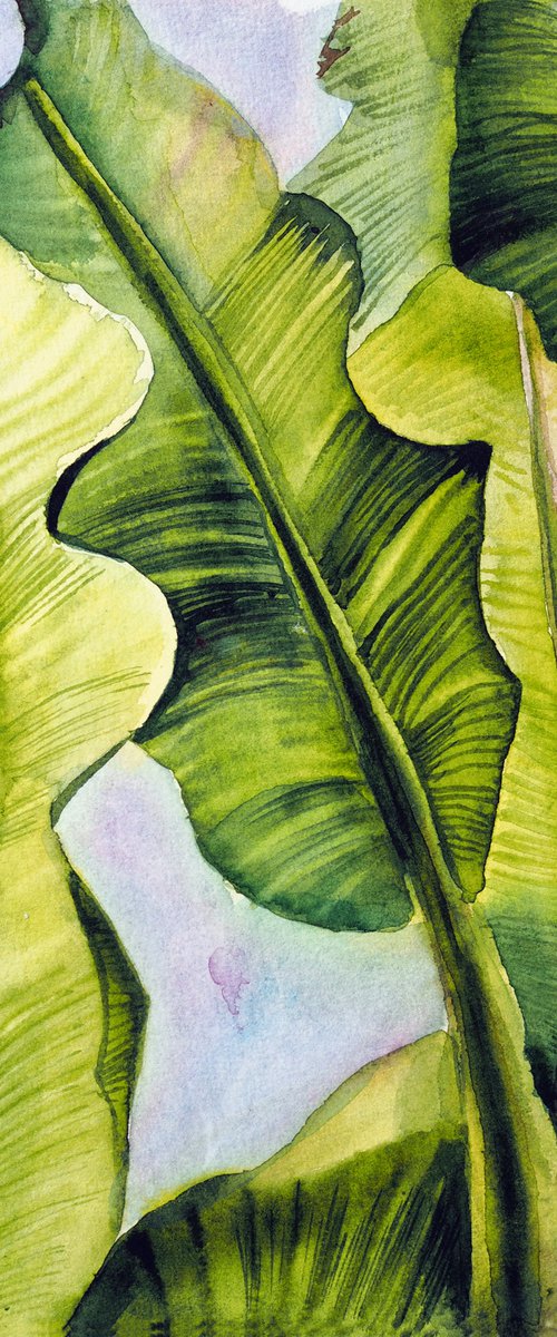 Green leaves - original tropical watercolor by Delnara El