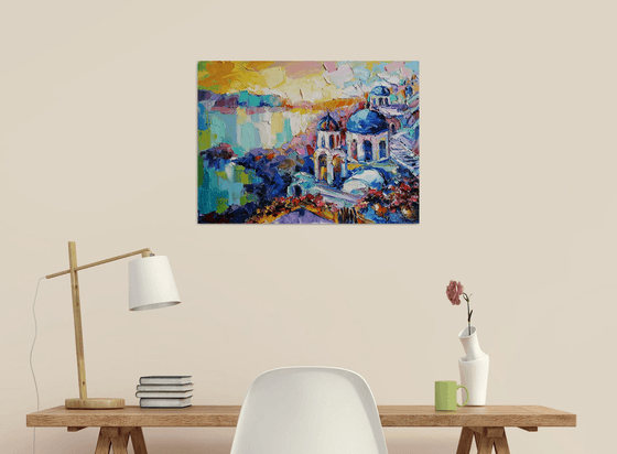 Santorini Greece Sunset, city art, landscape painting