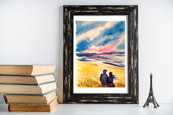 Couple Painting Beach Original Art Seascape Watercolor Ocean Artwork Small Home Wall Art 8 by 12" by Halyna Kirichenko